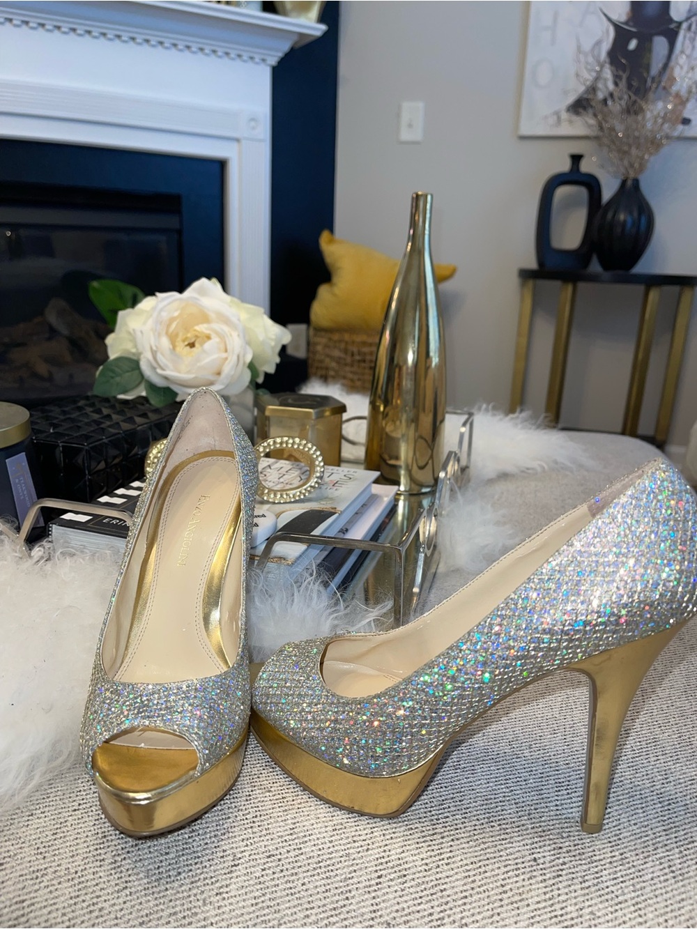 Sparkling Silver-Gold Peep-Toe Platform Pumps